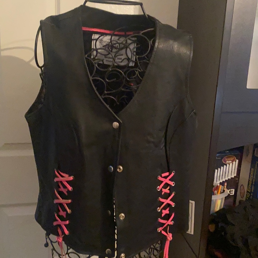 Black Genuine Leather Vest with pink trim